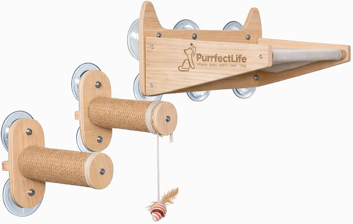 Cat Window Perch & Wall Hammock – 2-in-1 Solid Wood Window Seat with Strong Suction Cups & Wall Mount Option – Indoor Shelf with Climbing Steps + Hanging Toy