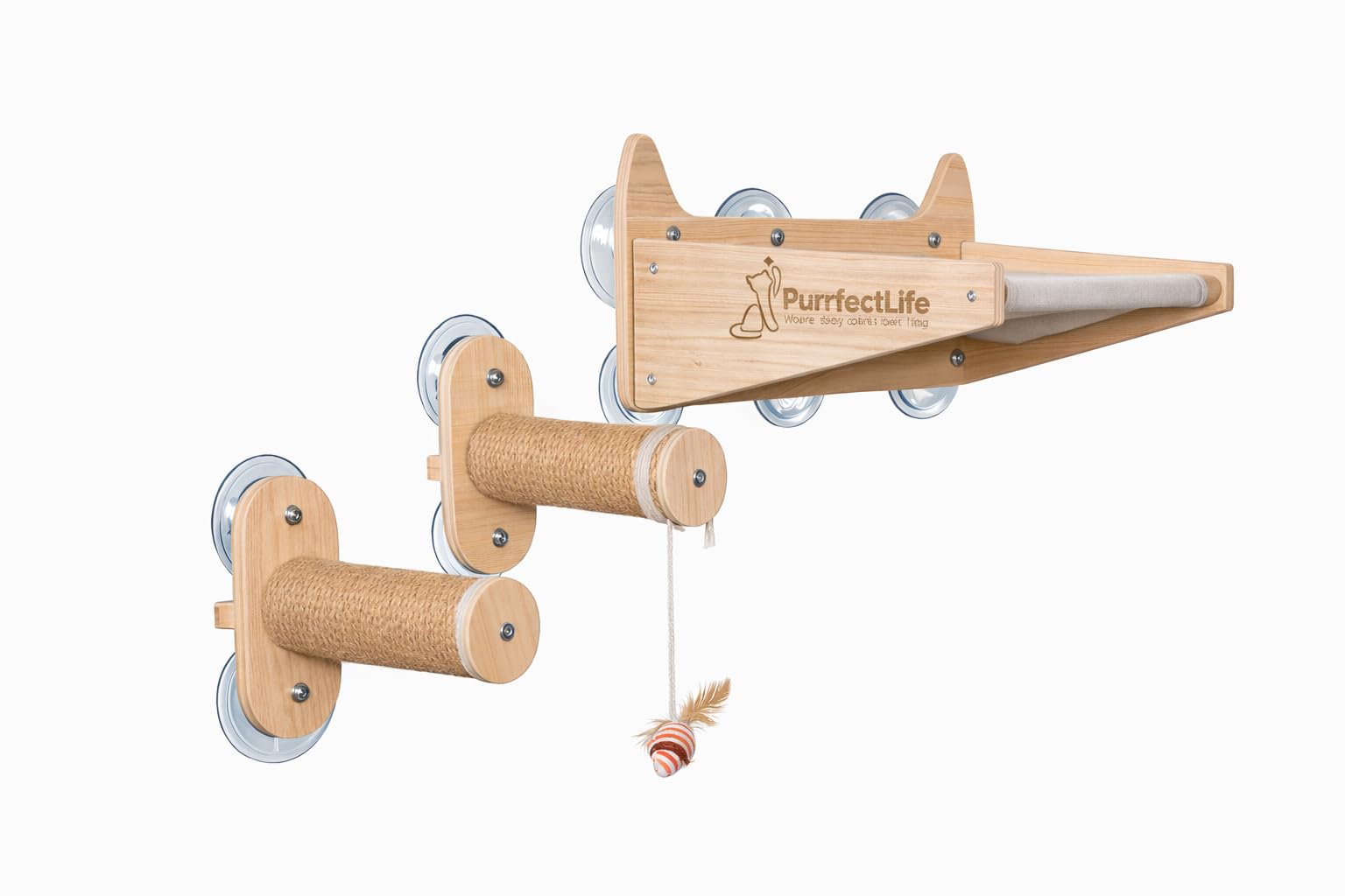 Hamaca para gatos para ventana y pared (2 en 1) - Percha de madera de color sólido y natural con 2 escalones - Hamaca 100% algodón - No necesita herramientas - Gratis: juguete para gatos