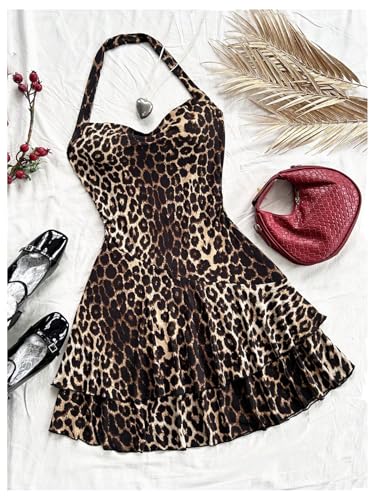 Image of Floerns Women's Cute Summer Halter Neck Floral Leopard Print Short Sundress