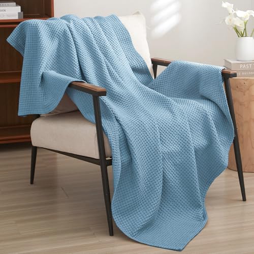 Image of PHF 100% Cotton Waffle Throw Blanket Lightweight Breathable, Dusty Blue | Pre-washed Soft Cozy Summer Throw for Hot Sleepers, Textured Decorative Layer for Bed Couch Sofa Guest Room, Giftable