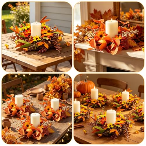 Image of 4 PCS 3 Inch Fall Floral Candle Rings Wreath Thanksgiving Candle Holder Rings Mini Artificial Autumn Wreath with Pumpkins Daisy for Table Centerpieces Farmhouse Fireplace Cabinets Wall Window Decors