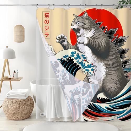 Image of 3 in 1 Funny Japanese Cat Shower Curtain with PEVA Liner Set, Vintage Cat Art Japan Anime Wave Fabric Shower Curtain with 12 Double Sided Stainless Steel Shower Curtain Hooks for Bathroom, 72 x 72
