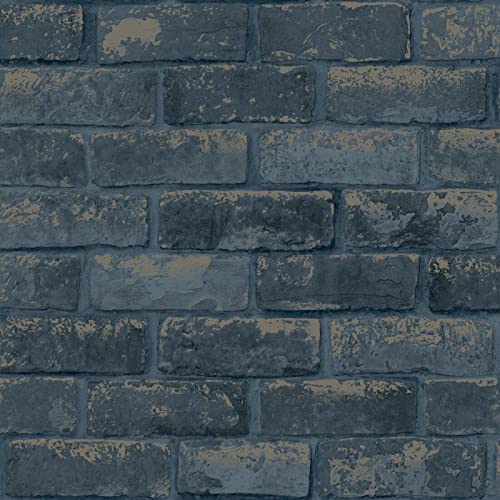 Sample 53 x 53cm Debona Navy Brick Wallpaper Metallic Silver Modern Contemporary