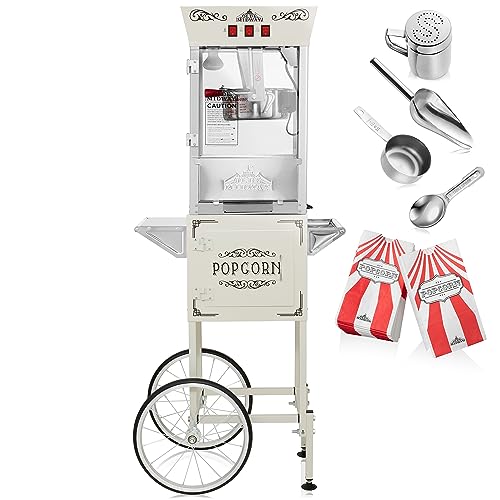 Olde Midway Movie Theater-Style Popcorn Machine Maker with Cart and 10-Ounce Kettle - Cream, Vintage-Style Popper on Wheels