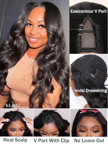 Image of KLAIYI EasiContour V Part Wig Human Hair Body Wave Glueless Upgrade U Part Wig No Leave Out No Gel Clip in Half Wig V Shape Pull and Go Beginner Friendly Ready to Wear Natural Black Color 150% 26Inch