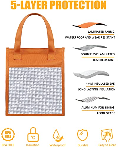Fmeida Insulated Lunch Bag, Simple Lunch Tote Bags, Waterproof Thermal Cooler Lunch Kit, Reusable Adult Lunch Box Bag For Women | Small Orange, Front&Side&Interior Pockets, Velcro #TOP2