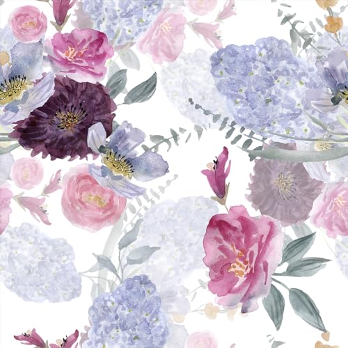 VEELIKE Lilac Peony Floral Wallpaper Vintage Purple Pink Flower Leaf Contact Paper for Walls Cabinets Drawers Watercolor Patterned Bedroom Girls Room Nursery 44.5cmx300cm