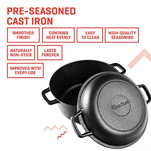 Uno Casa Cast Iron Dutch Oven with Lid - 2 in 1 Camping Set, Pre-Seasoned 5 Quart Pot and 1.6 Quart Pan - 2 Silicone Handle Covers and a Silicone Trivet Mat Included 2 Gallery Image