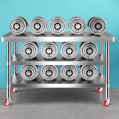 Mesa de trabajo de acero inoxidable resistente con ruedas, estación de preparación de cocina comercial, ideal para restaurantes y servicio de alimentos y fácil de mover