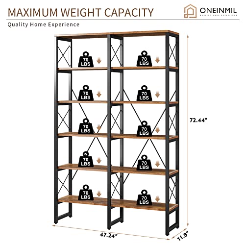Oneinmil Double Wide 6-Tier Bookshelf, Industrial Bookcases With Metal Frame, Open Large Bookcase, Wood And Metal Tall Display Shelves For Home And Office, Rustic Brown And Black #TOP1