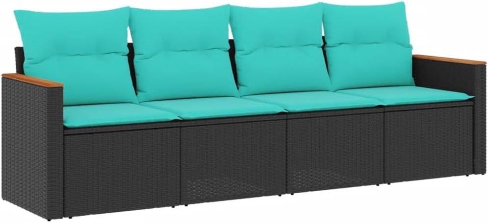 vidaXL Patio Sofa Set with Cushions - 4-Piece Black PE Rattan Outdoor Furniture w/Storage, Washable Covers, Acacia Wood Armrests