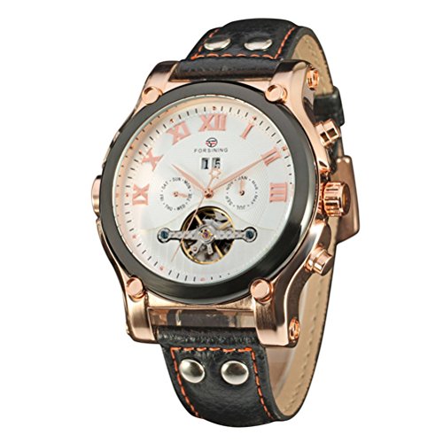 Preisvergleich Produktbild PIXNOR Datumsanzeige Skelett Kunstleder Herren-Armbanduhr Mechanische Automatik Quarz-Armbanduhr