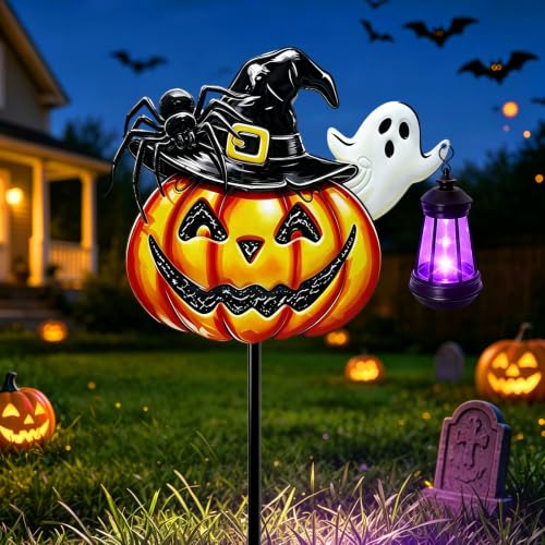 Image of VOOKRY Halloween Pumpkin Lantern Outdoor,Iron Pumpkin with Witch Hat&Spider