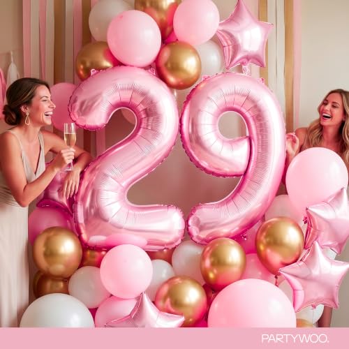 Image of PartyWoo Baby Pink Number 9 Balloon 40 Inch 25pcs Pink Foil Star White Gold
