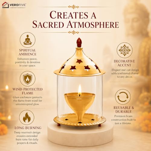 Image of Akhand Jyot Brass Diya - Traditional Akhanda Deepam with Oil Chamber & Protective Glass Cover - Long-Lasting Brass Diya for Puja & Festival Decor(Medium)