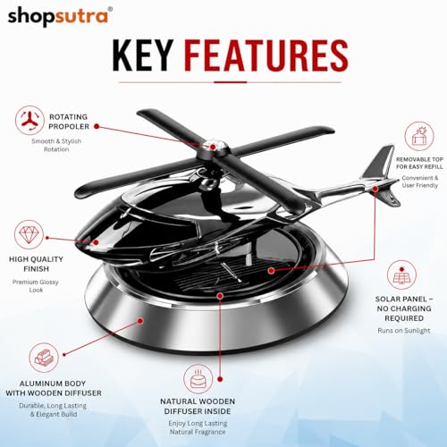 Image of Solar Helicopter Car Perfume Diffuser with Wooden Insert and Aluminum Base (Helicopter Design Air Freshener)