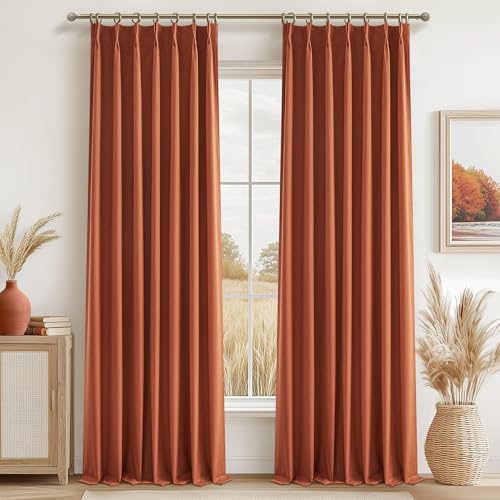Image of Fall Burnt Orange Curtains Pinch Pleated Blackout 96 Inches Long 2 Panels Set,Terracotta Autumn Color Decor Retro for Living Room /Bedroom Antique Copper Rust Boho 70s Window Drapes Thermal (W40 inchxL96 inch)