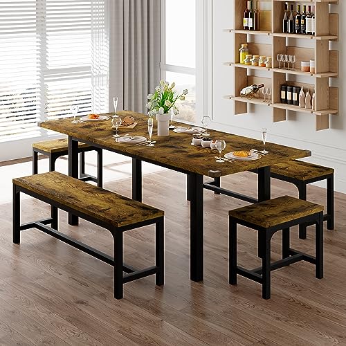 Feonase 5-Piece Dining Table Set for 6-10 People, 63" Large Extendable Kitchen Table Set with 2 Benches and 2 Square Stools, Dining Room Table with MDF Wood Board, Easy Assembly, Rustic Brown