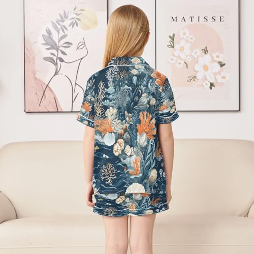 ALAZA Coral Reef Ocean Starfish Seashell Satin Pajamas Set Short Sleeve Button Down Sleepwear Summer Pjs 2 Piece4