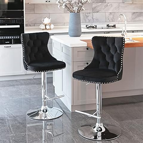 Black Bar Stools Set of 2 Swivel Counter Chairs with Back, Velvet Upholstered Counter Height Bar Chairs Adjustable Barstools with Button Tufted Decoration for Kitchen Counter Dining Stool Chair Cover