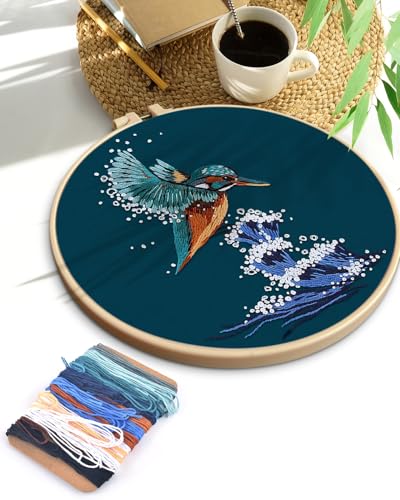 Image of TINDTOP Embroidery Kit for Beginners Adult, Kingfisher Embroidery Kit for Beginners Include Embroidery Cloth Hoops Threads for Craft Lover Hand Stitch with Embroidery Skill Techniques | for Beginners Include Embroidery Cloth Hoops Threads for Craft Lover Hand Stitch with Embroidery Skill Techniques