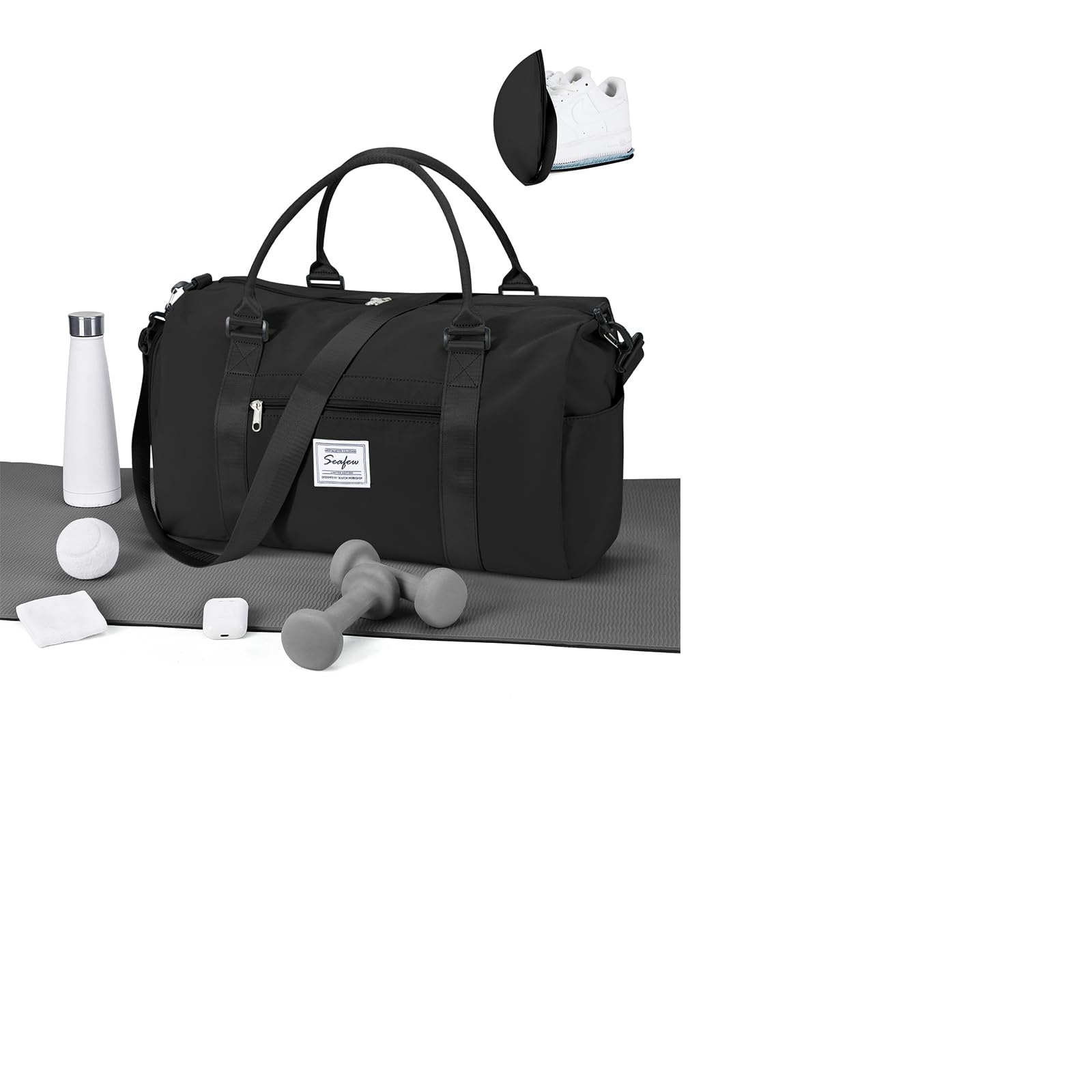 WEPLAN Gym Bag Womens Men Sports Fitness Bags Weekend Overnight Bag Travel Duffle Bags for Women with Shoes Compartment Wet Pocket,Holdall Hospital for Swimming Carry on Hand Luggag,A1-Black