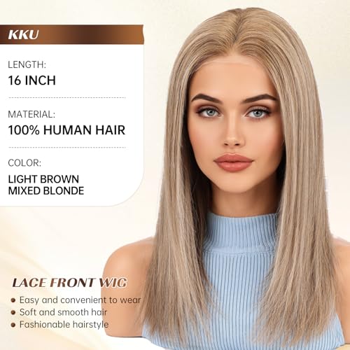 Image of KKU 16 Inch Light Brown Mixed Blonde Human Hair Wigs for Women,5x5 Lace Front Wigs Human Hair,wigs for women