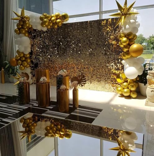 Image of White and Gold Balloon Arch Kit, 146Pcs Explosion Star White Metallic Gold Latex Balloon Garland kit, 22 18 12 10 5 Inch Different Size Balloons for Anniversary Birthday Engagements Party Decorations