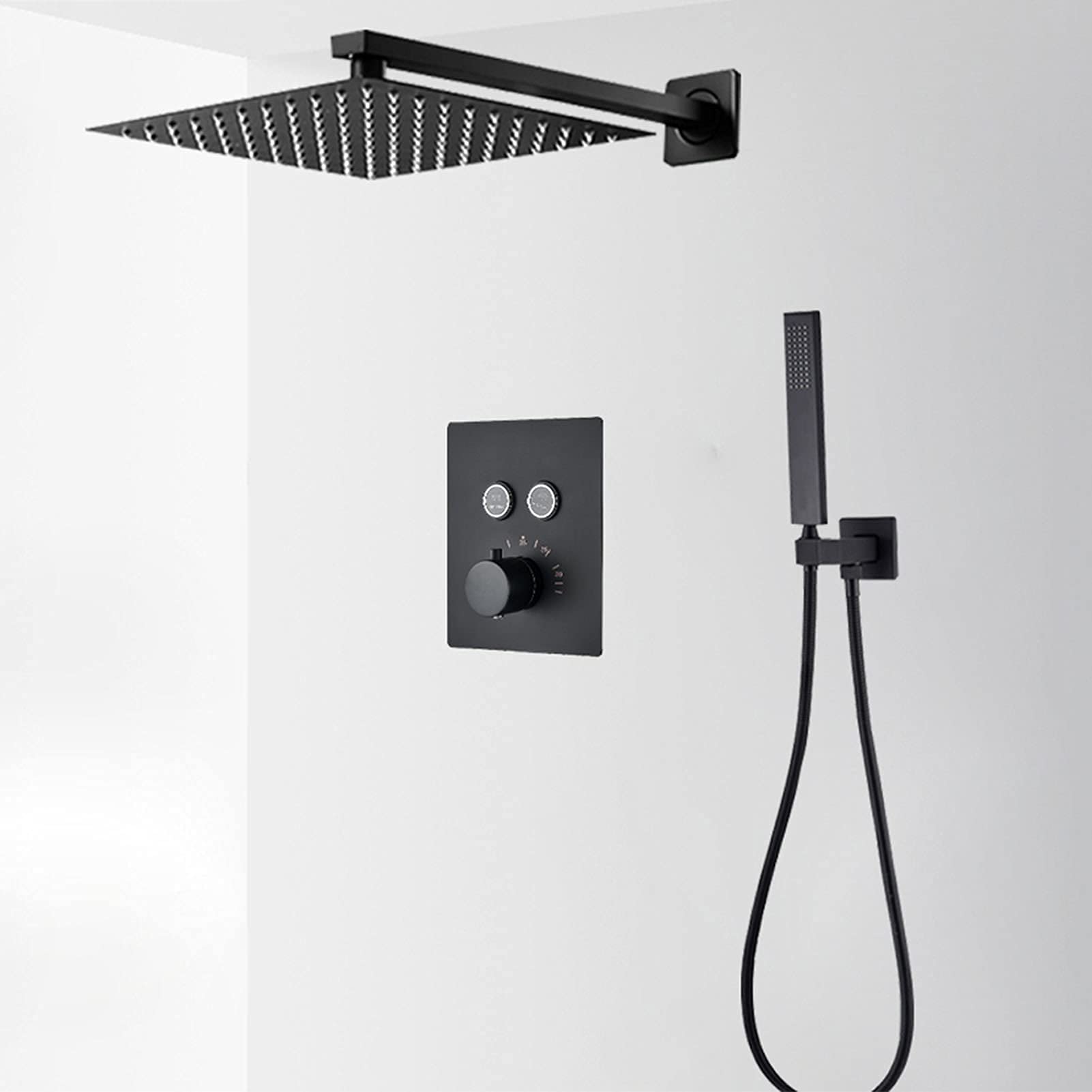 NZPOST Chandelier Thermostatic Shower Faucet Set Black, Stainless Steel Rain Shower Head with Handheld Sho