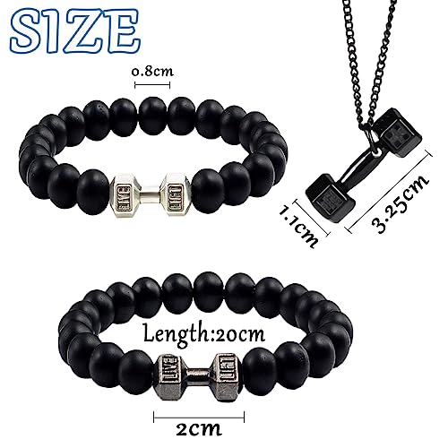 Dumbell Bracelet, Weighted Bracelet For Men, Dumbbell Bracelet For Men, 8mm Volcanic Rock Bracelet Set Black Necklace3