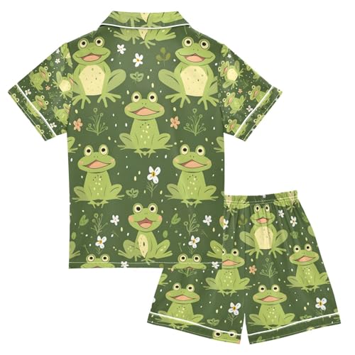 senya Green Frog Lotus Satin Summer Pajama Sets Silk Short Sleeve Button Down Sleepwear2
