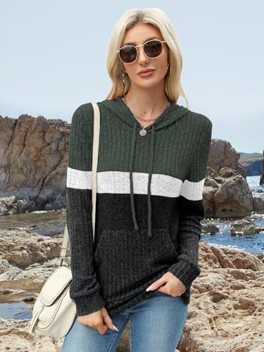 MixShe Women’s Color Block Knit Hoodie – Casual Long Sleeve Pullover Sweater Tops with Pocket