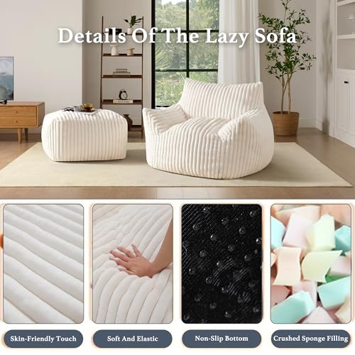 Oversized Bean Bag Chaise Lounge Chair Indoor for Adults with Armrests & Ottoman - Giant Comfy Beige Beanbag Lazy Floor Sofa Cloud Accent Chair for Reading, Gaming, Cozy Fluffy Cloud Mini Couch