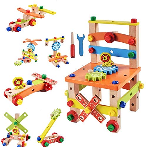 tumtum assembling disassembling wooden multi functional activity chair with nut and screw driver toys for kids, educational & learning toy for children..- Multi color