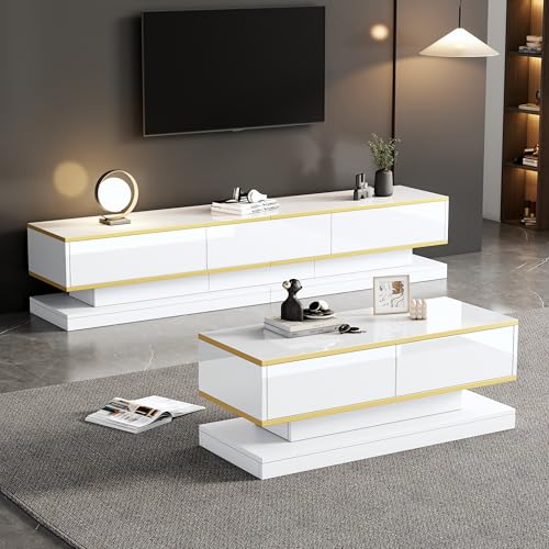 OKMYHOME Ensemble Meuble TV et Table Basse Moderne avec Meuble TV 3 Tiroirs et Table Basse Assortie 2 Tiroirs, Finition Dorée, Panneaux de Particules, Blanc, 200x40x40...
