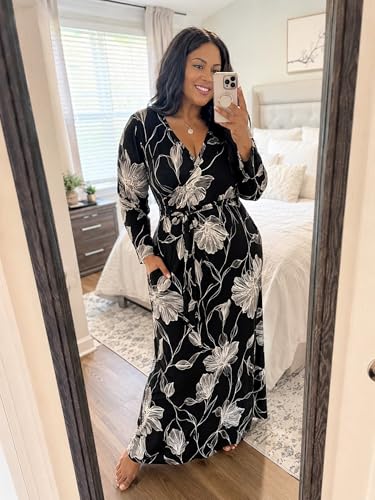 Image of PinkPatty Women's Long Sleeve Maxi Dress Plus Size Trendy Wedding Guest Wrap Dress with Pockets&Belt