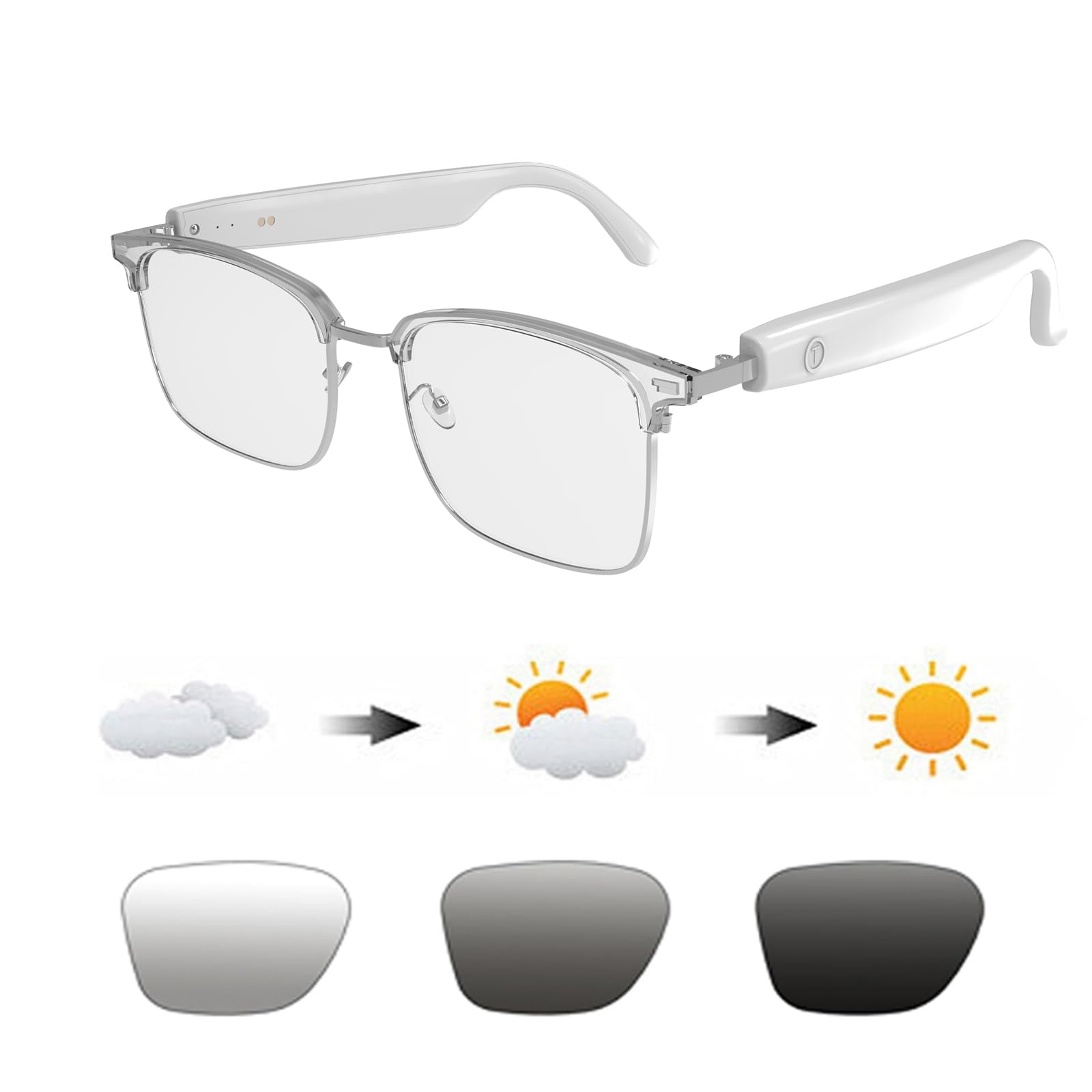 Bluetooth Glasses for Men Women,Smart Glasses,Open Ear Sounds,Transitional Lens for Outerdoor Sport,Audio Glasses for All Smart Phones (White-Sliver)-image-44