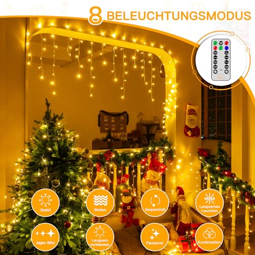 Ollny Eisregen Lichterkette Außen 10m 400 LED Lichterkette außen Strom mit Fernbedienung, wasserdicht Weihnachtsbeleuchtung außen mit Timer 8 Modi für Balkon Weihnachten Haus Carport(warmweiß)