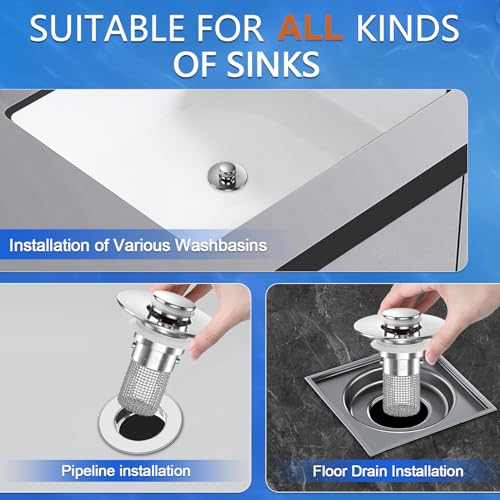 Image of Sink Stopper Hair Catcher, Pop-up Sink Drain Strainer with Removable Stainless Steel Strainer Basket Hair Catcher,Bathroom Sink Strainer for Bathroom Sink Stopper Replacement (2, Silver)