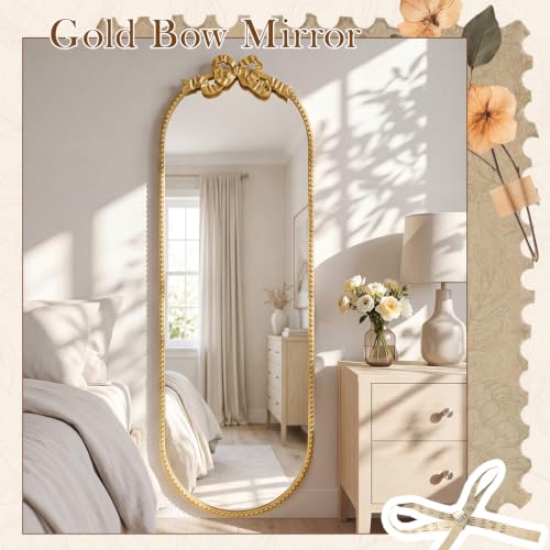 Image of Vercraft Gold Bow Mirror 47 inch X 16 inch Vintage Arched Vanity Wall Decorative Mirror with Metal Frame Antique Baroque Bow Decor for Home Dressing Table Entryway Bathroom Hallway Living Room