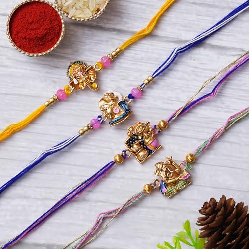 Image of eCraftIndia Multicolor Set of 4 Radha Krishna Playing Flute, Peacock, Krishna Flute, Peacock Feather Designer Religious Rakhis with Roli Chawal Pack