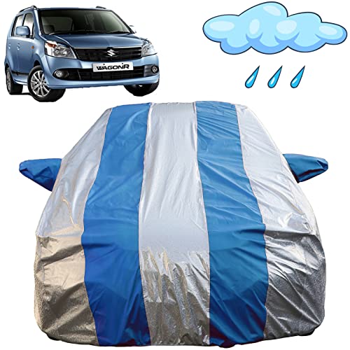 Image of Autofact Waterproof Car Body Cover Compatible with Maruti Wagon r /Wagonr (1999 to 2018) with Mirror Pockets (Blue Stripes with Shinning Silver Fabric /Waterproof Cover)