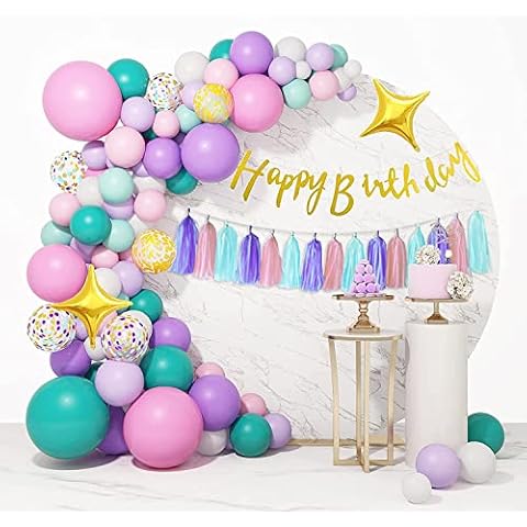 162 Pcs Unicorn Birthday Balloons Arch Garland Set Girls Lady Happy Birthday Banner Tassels Decorations Kit Pastel Macaron Purple Pink Party Foil Gold Star Pastel Confetti Latex Balloons Baby Shower Cover