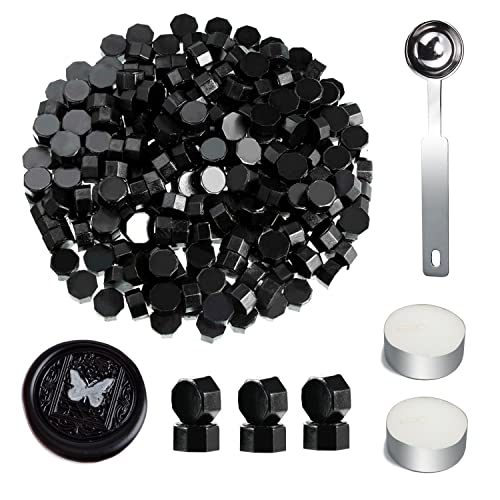 Perles de sceau de cire, ANBOSE Lot de 500 pièces perles de cire à cacheter octogonales avec 2 bougies et 1 cuillère à fusion de cire pour cachet de cire (Black) Cover