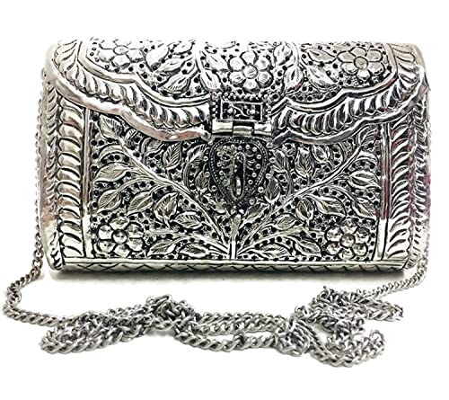 Regalo de las mujeres de plata de latón diseño floral grabado en relieve martillo rectangular bolsa de metal nupcial embrague de fiesta embrague de novia embrague de noche, Silver, large Regalo de las mujeres de plata de latón diseño floral grabado en relieve martillo rectangular bolsa de metal nupcial embrague de fiesta embrague de novia embrague de noche, Silver, large