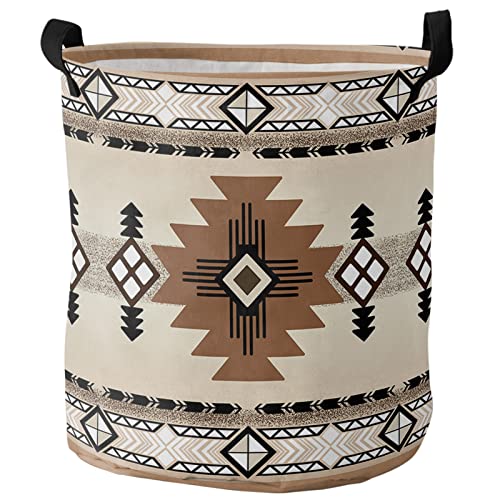 Image of Boho Western Large Laundry Basket,Collapsible Bag with Easy Carry Handles,16.5x17in Waterproof Foldable Freestanding Hamper,Washing Bin Clothes Storage Round Southwest Native American Indian Geometric
