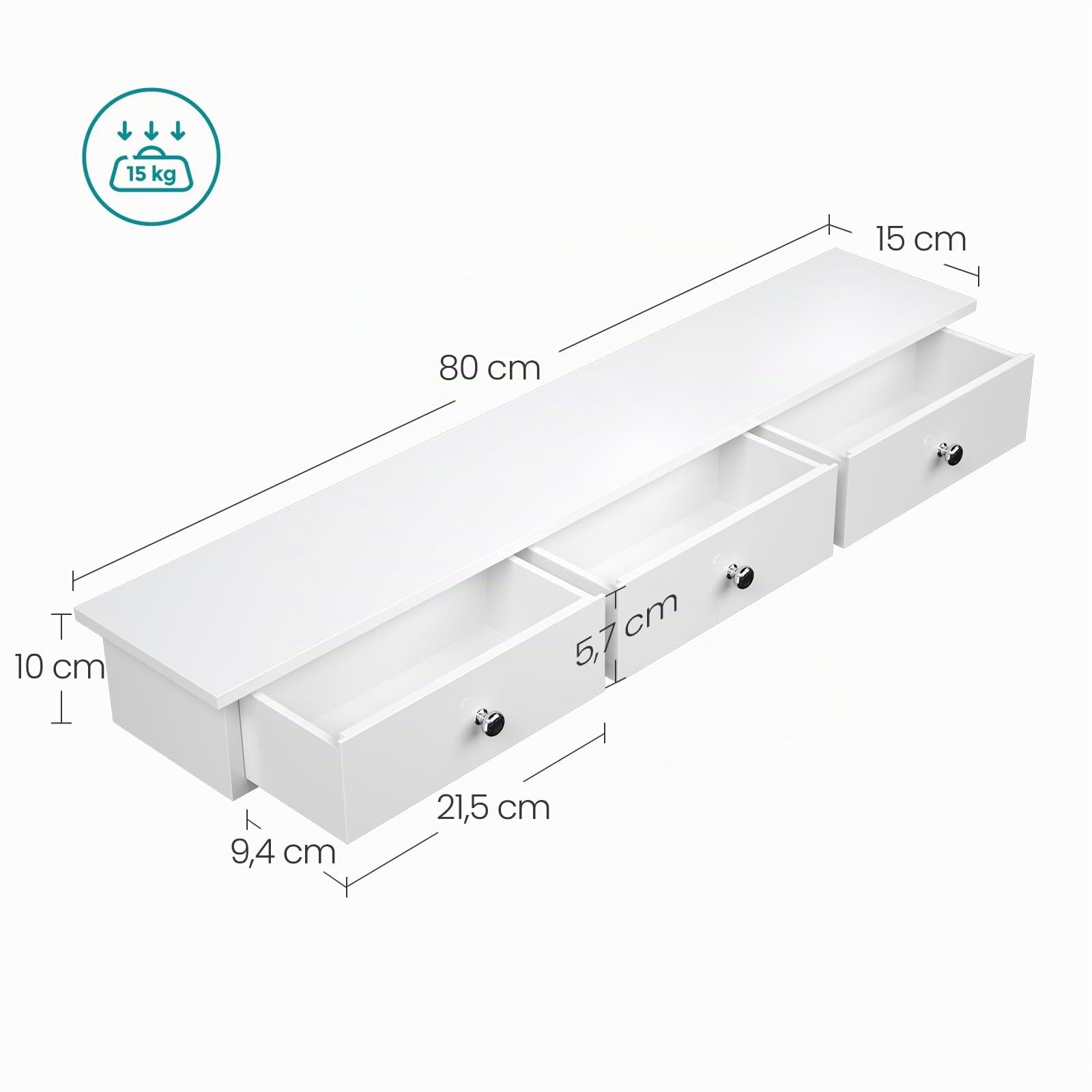 SONGMICS Étagère Murale, Étagère Flottante avec 3 Tiroirs, Charge 15 kg, 15 x 80 x 10 cm, pour Couloir, Salon, Bureau, Gain de Place, Style Moderne, Blanc LWS085W01V1