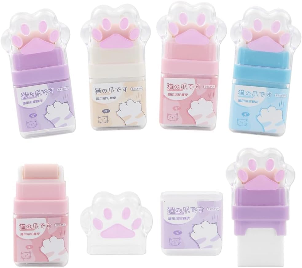2Pcs Cat Paw Roller Eraser, Colorful Roller Eraser, Cute Cat Rubber with Shaving Case for School Office Supply Stationery and Correction Products