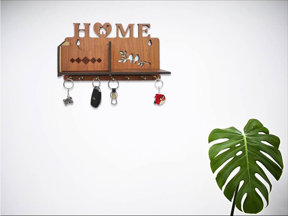 Image of MDF Wooden Wall Mounted Designer Home Wall Shelf Key Chain Holders Home Decor Stylish Hook Stand Key Organizer for Decor Home, Living Room and Office Matte Finish Mobile Charging Stand