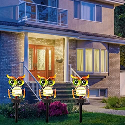 Solar Garden Lights Outdoor, Solar Powered Owl Stake Lights Waterproof Decor, Solar Powered Crackle Glass Globe Lights Outdoor Warm White Owl LED Lights for Yard Lawn Patio Pathway Walkway(Red)
